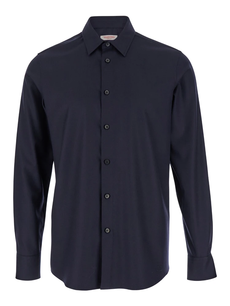 Blue Shirt with Classic Collar in Wool Blend Man