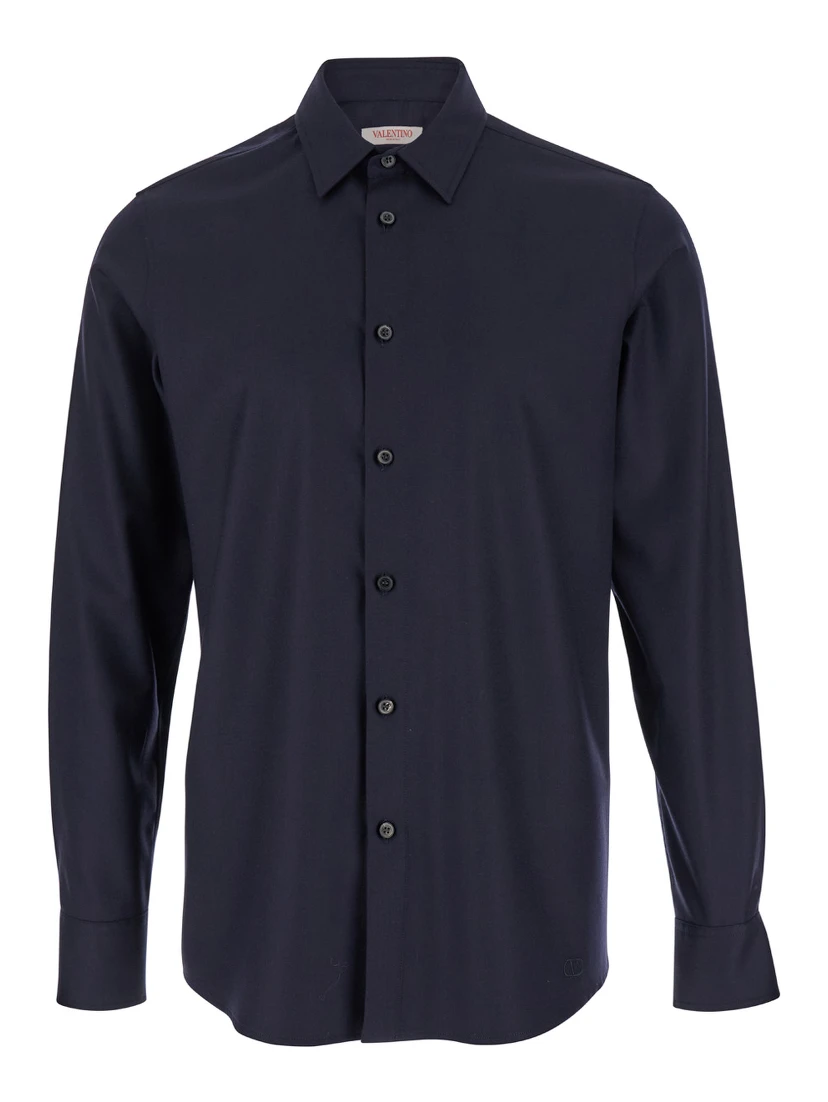 Blue Shirt with Classic Collar in Wool Blend Man