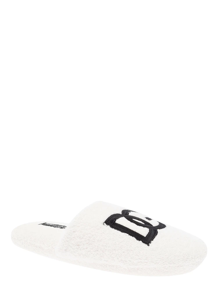 White Slippers with Contrasting Logo Embroidery in Terry Cotton Home alternative
