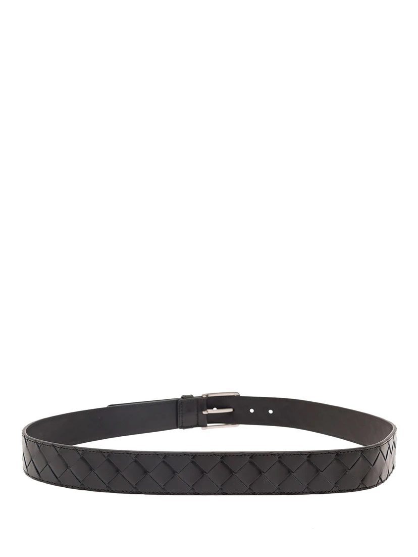 Black Belt with Silver-Colored Buckle in Intreccio Leather Man