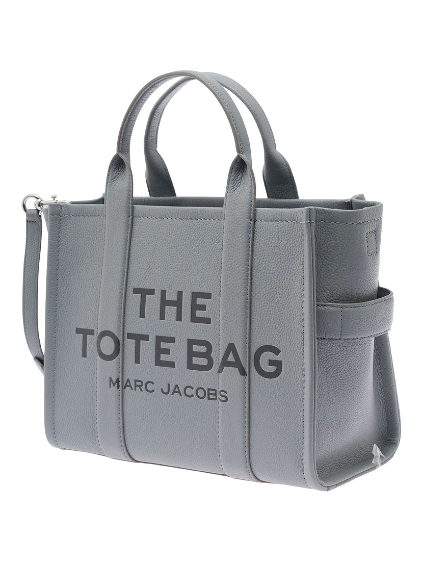 The Medium Tote Bag Grey Shoulder Bag with Logo in Grainy Leather Woman