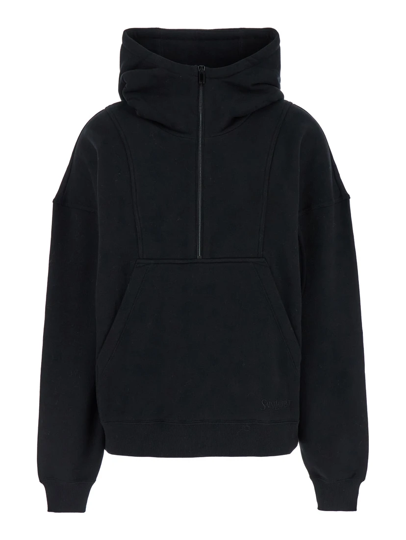 Black Hoodie with Kangaroo Pocket and Logo Lettering in Cotton Woman