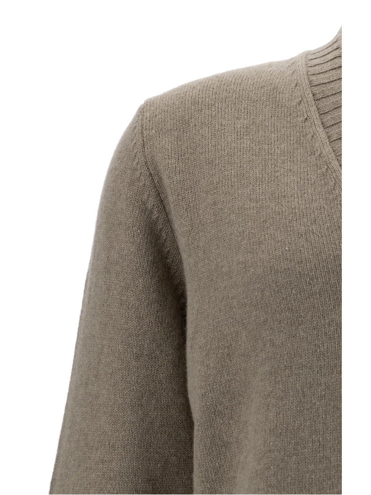 Beige Sweater with V Neck and Ribbed Trims in Wool and Cashmere Man alternative