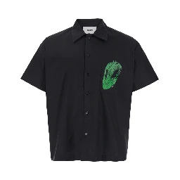 Black Shirt with Classic Collar and Print on the Front in Cotton Man