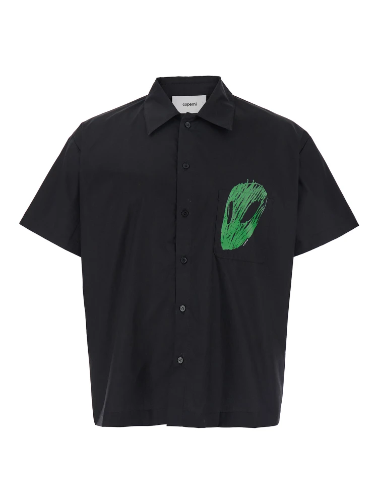 Black Shirt with Classic Collar and Print on the Front in Cotton Man