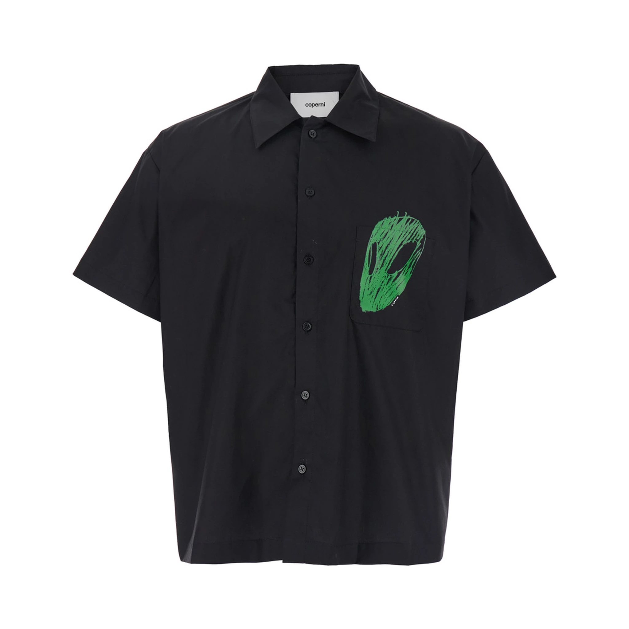Black Shirt with Classic Collar and Print on the Front in Cotton Man