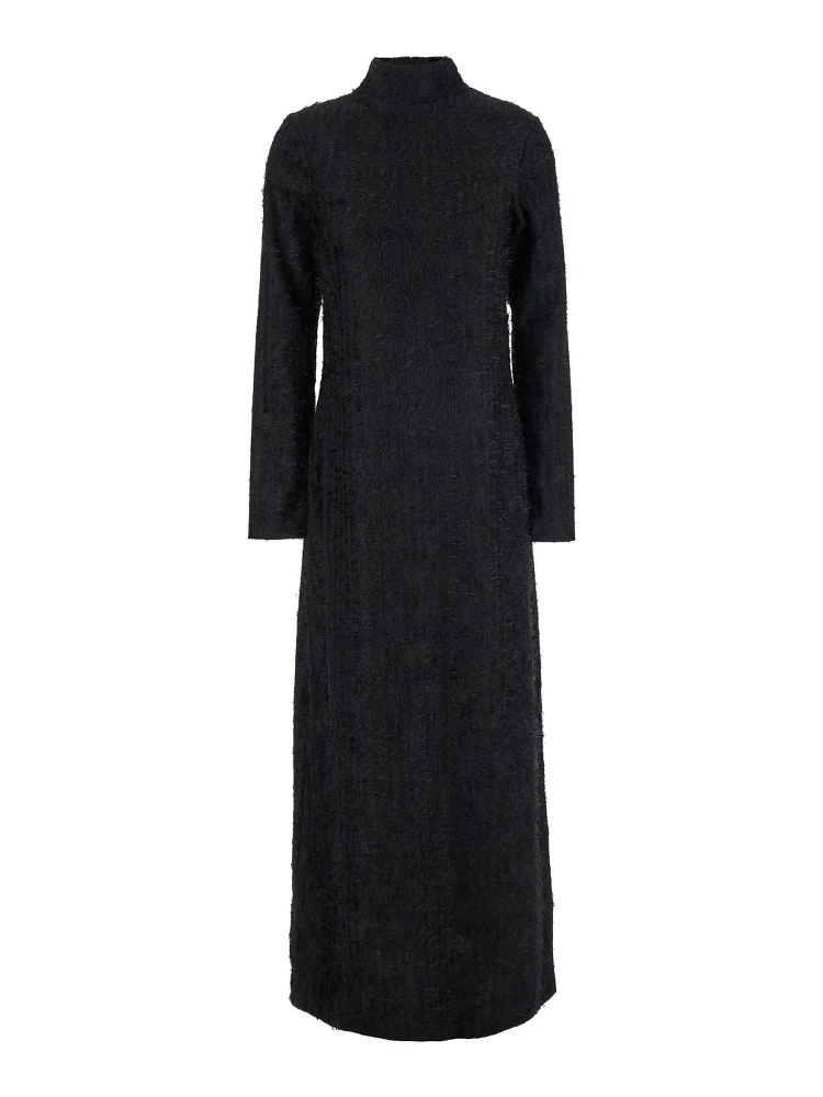 Black Turtleneck Dress with Fringes All-Over in Fabric Woman