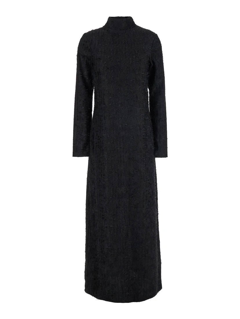 Black Turtleneck Dress with Fringes All-Over in Fabric Woman