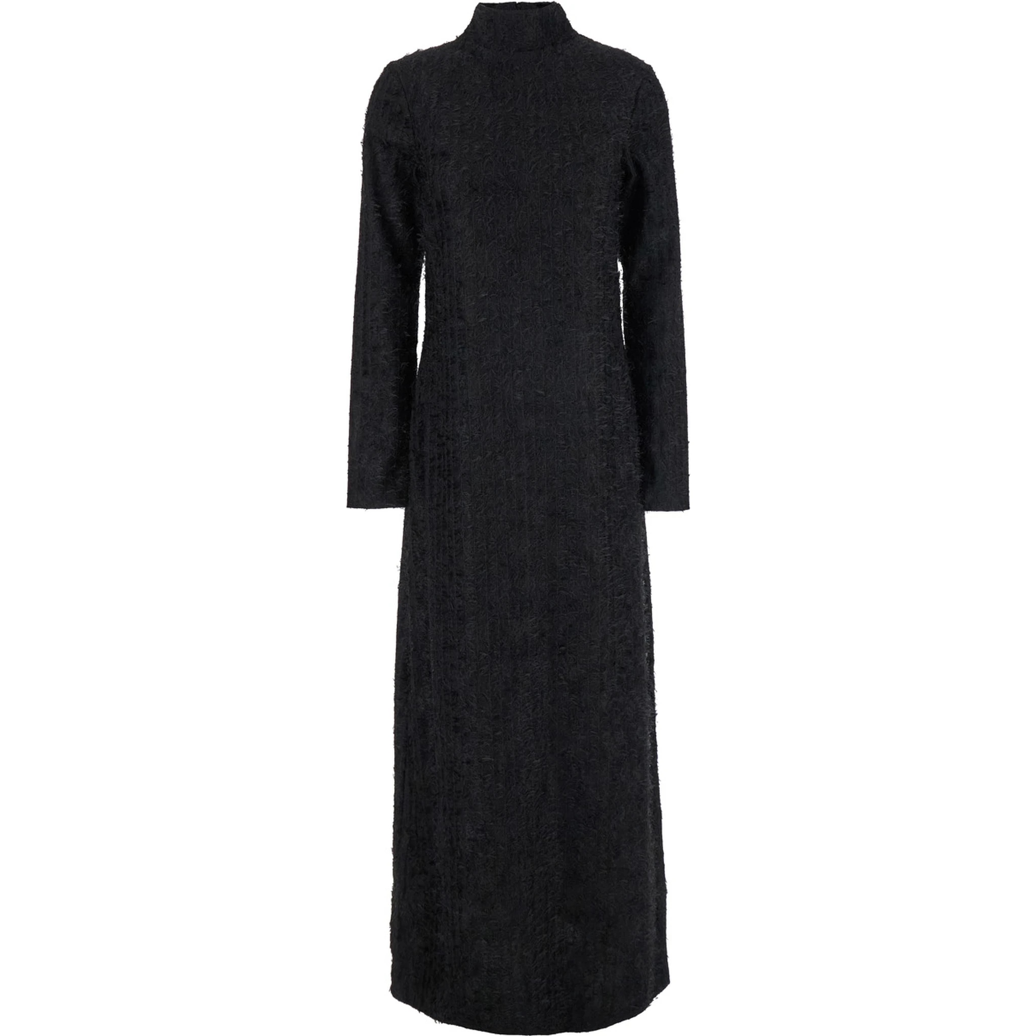 Black Turtleneck Dress with Fringes All-Over in Fabric Woman
