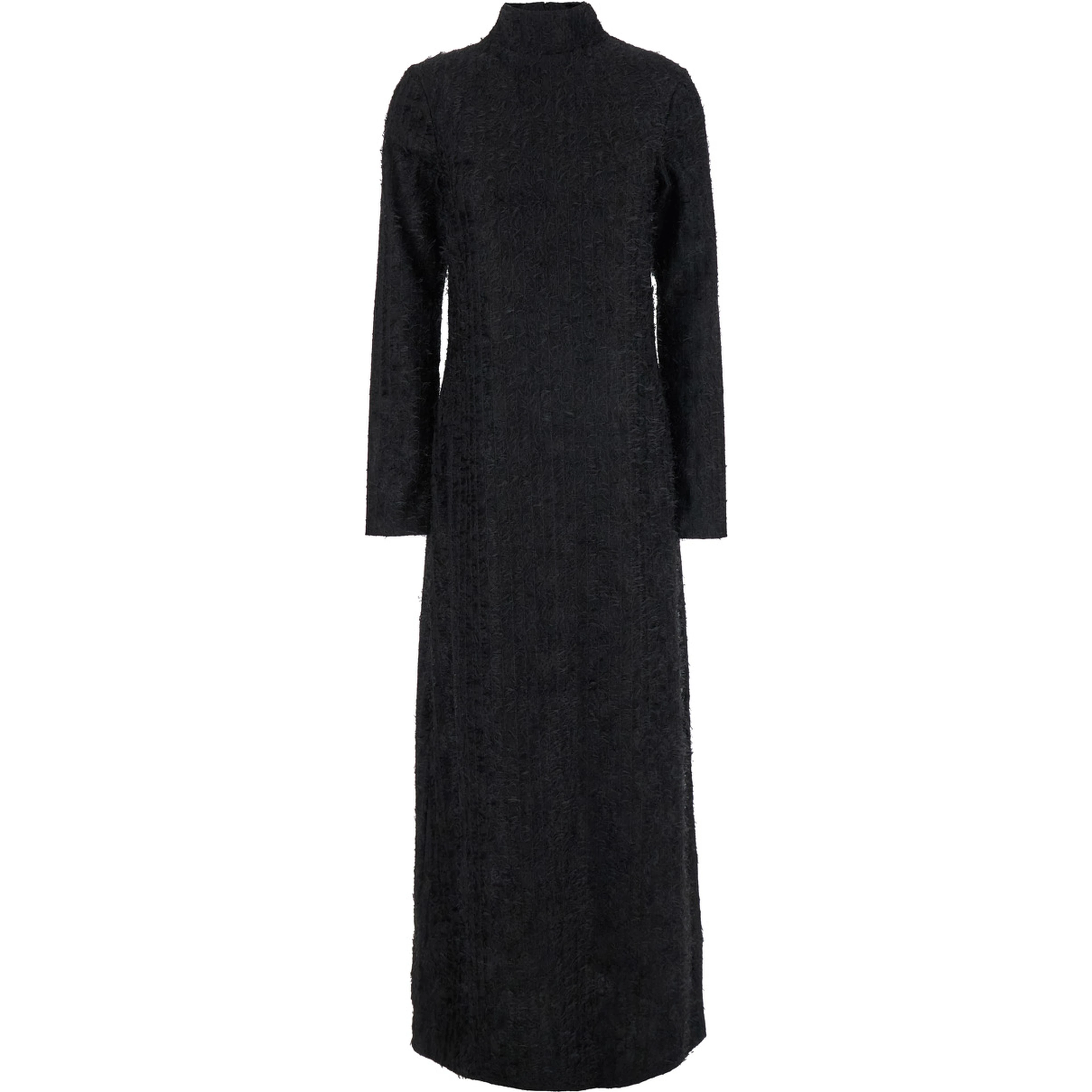 Black Turtleneck Dress with Fringes All-Over in Fabric Woman