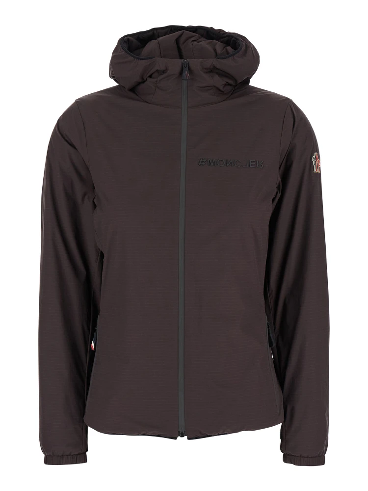 Brown Hooded Jacket with Logo Print in Tech Fabric Woman