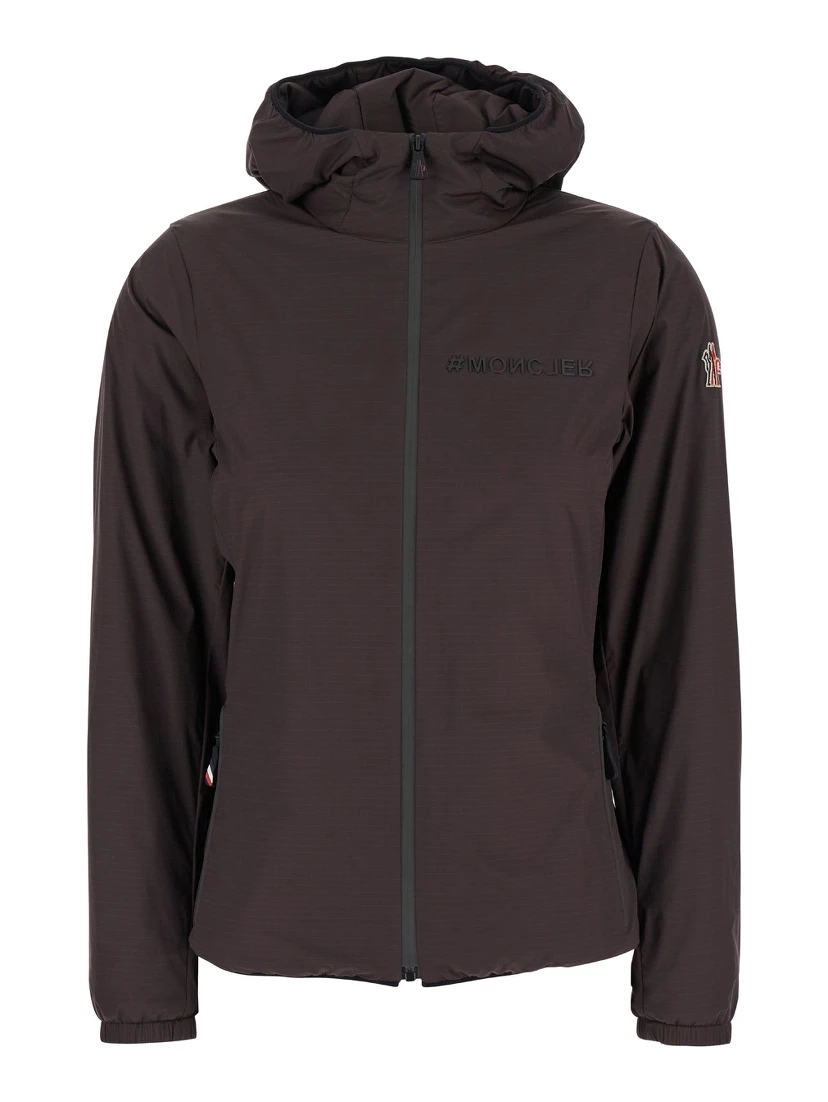 Brown Hooded Jacket with Logo Print in Tech Fabric Woman