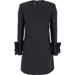 Black Crewneck Short Dress with Floral Detail in Wool Woman