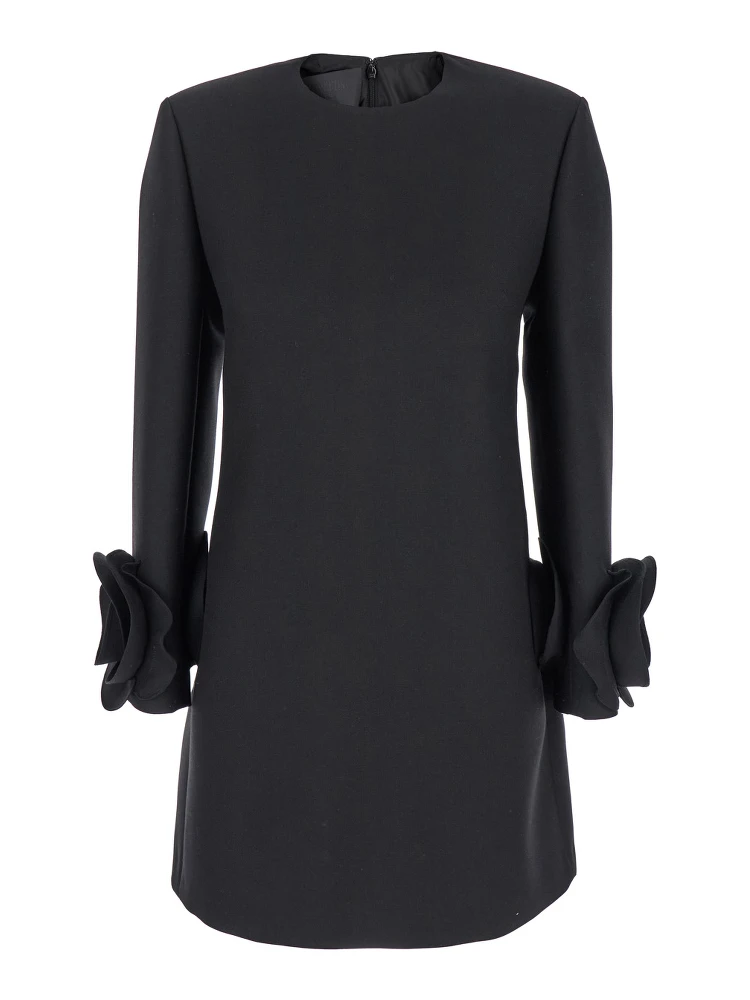 Black Crewneck Short Dress with Floral Detail in Wool Woman