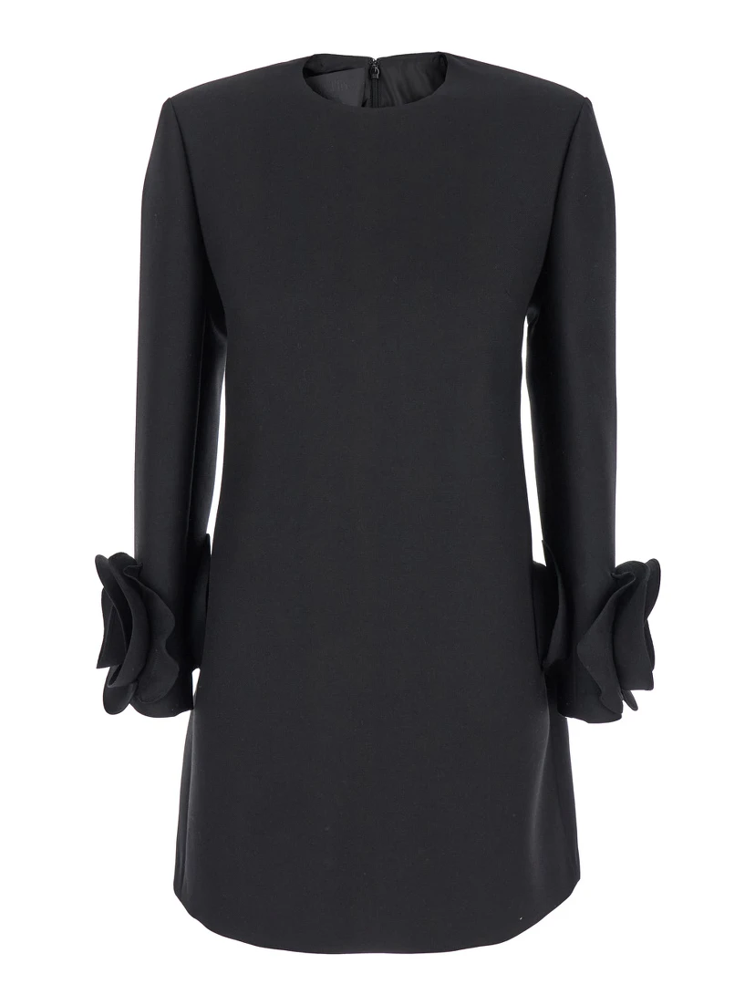 Black Crewneck Short Dress with Floral Detail in Wool Woman