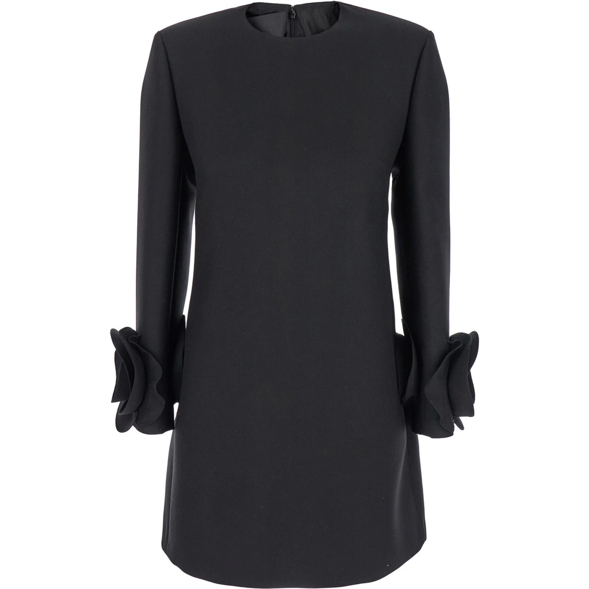 Black Crewneck Short Dress with Floral Detail in Wool Woman