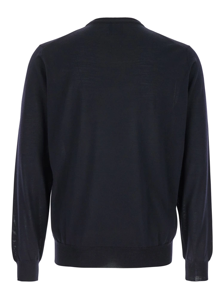 Blue Crewneck Sweater with Ribbed Trims in Wool Man alternative