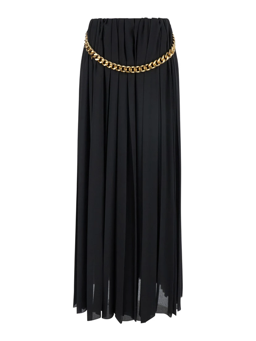 Black Long Pleaded Skirt with Belt in Tech Fabric Woman