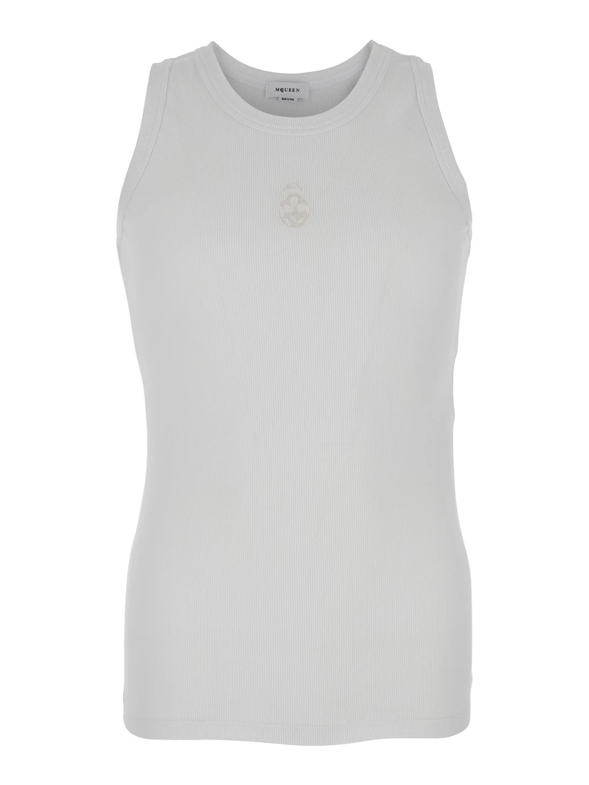 White Top with Upside Down Skull Embroidery on the Front in Cotton Jersey Man