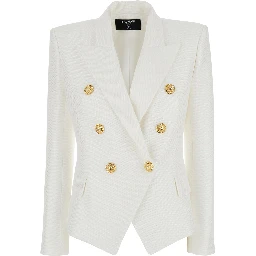 White Double-breasted Jacket with Peak Lapels and Logo Buttons in Fabric Women