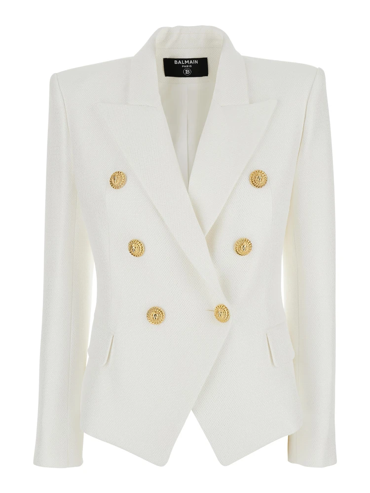White Double-breasted Jacket with Peak Lapels and Logo Buttons in Fabric Women