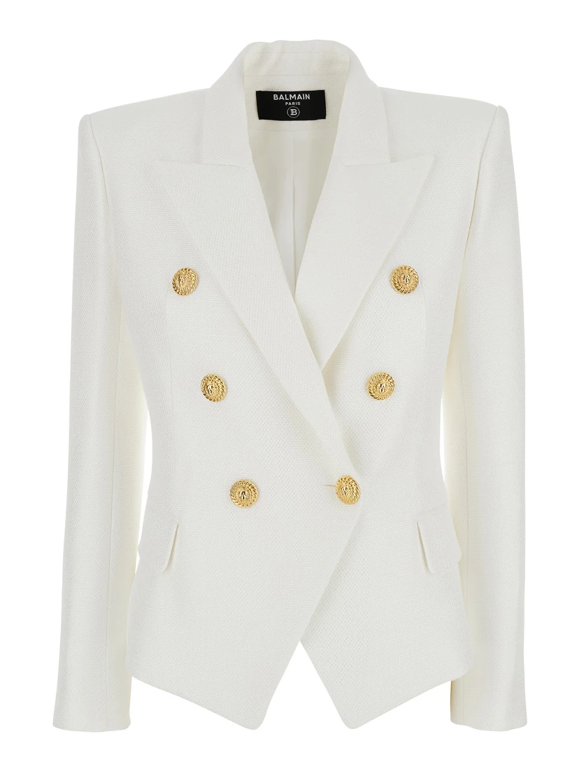 White Double-breasted Jacket with Peak Lapels and Logo Buttons in Fabric Women