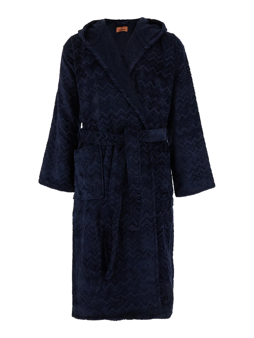 Blue Bathrobe with Zig Zag Motif in Cotton