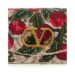 Multicolor Clutch with VLogo Plaque on the Front and All-Over Floral Embroidery in Leather Woman