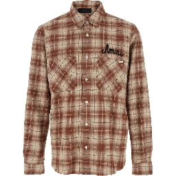 Shotgun Beige Shirt with Logo Print on Front and Rear and  All-Over Check Motif in Cotton Man