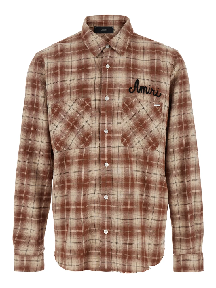 Shotgun Beige Shirt with Logo Print on Front and Rear and  All-Over Check Motif in Cotton Man