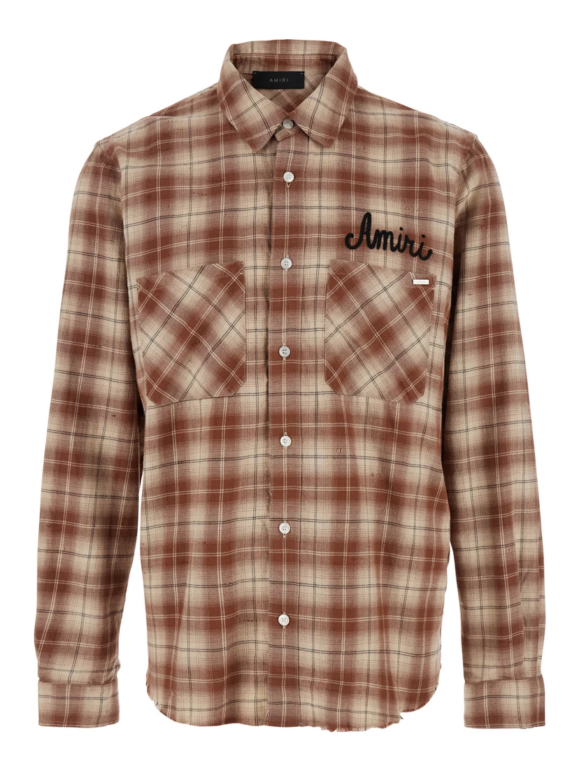 Shotgun Beige Shirt with Logo Print on Front and Rear and  All-Over Check Motif in Cotton Man