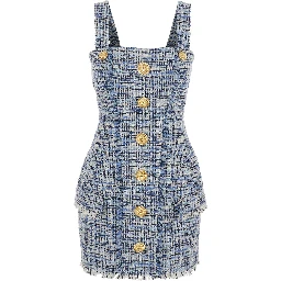 Blue Dress with Frayed Details in Tweed Woman