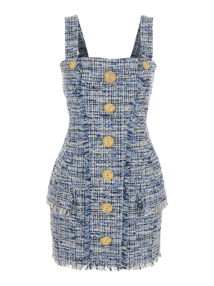 Blue Dress with Frayed Details in Tweed Woman
