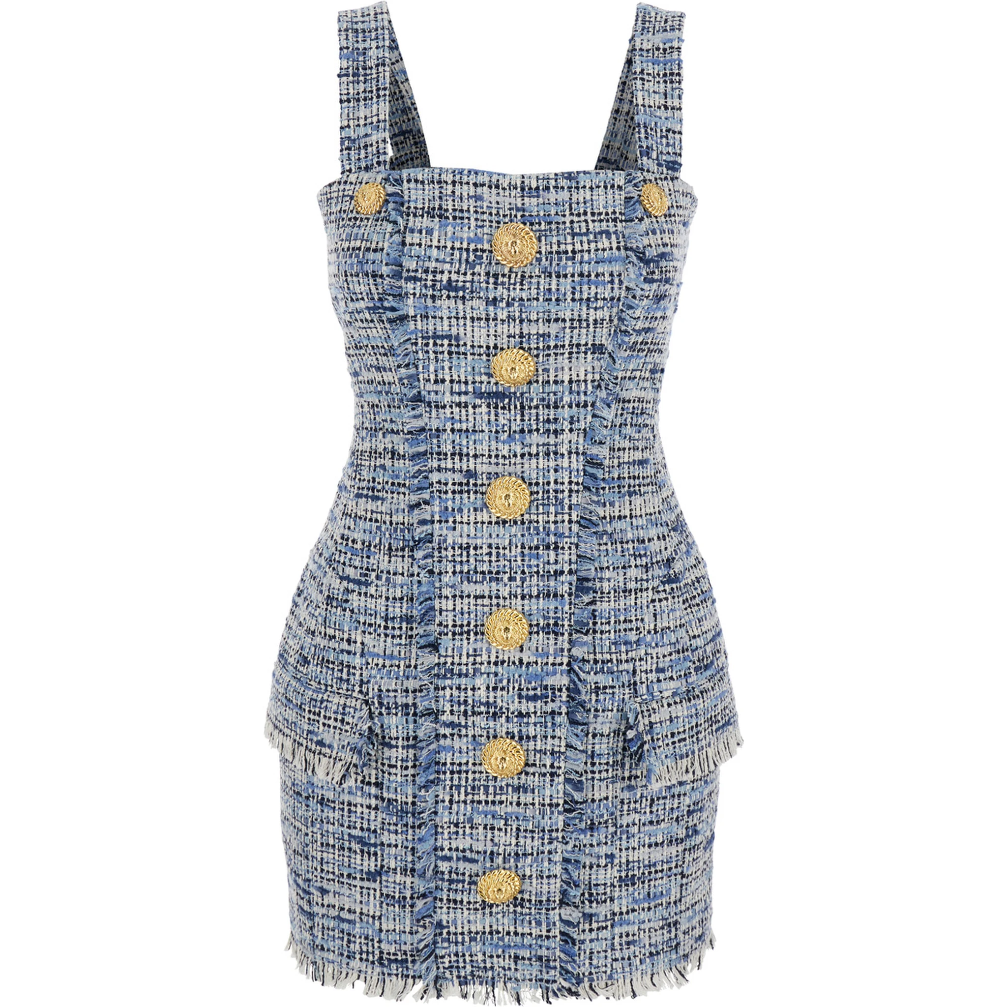 Blue Dress with Frayed Details in Tweed Woman