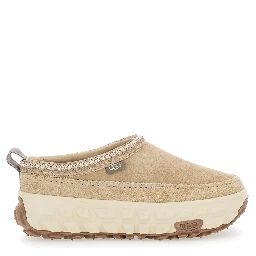 Venture Daze Beige Mules with Decorative Stitching and Side Logo Patch in Suede Man