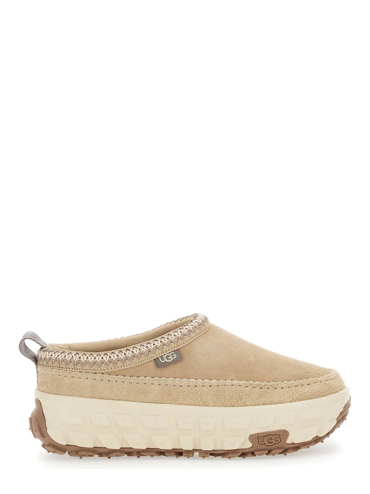 Venture Daze Beige Mules with Decorative Stitching and Side Logo Patch in Suede Man