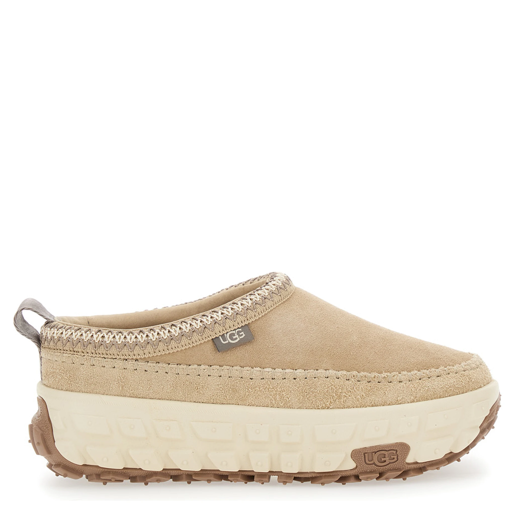Venture Daze Beige Mules with Decorative Stitching and Side Logo Patch in Suede Man