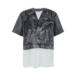 Black and White Crewneck T-Shirt with Layered Design in Cotton Man