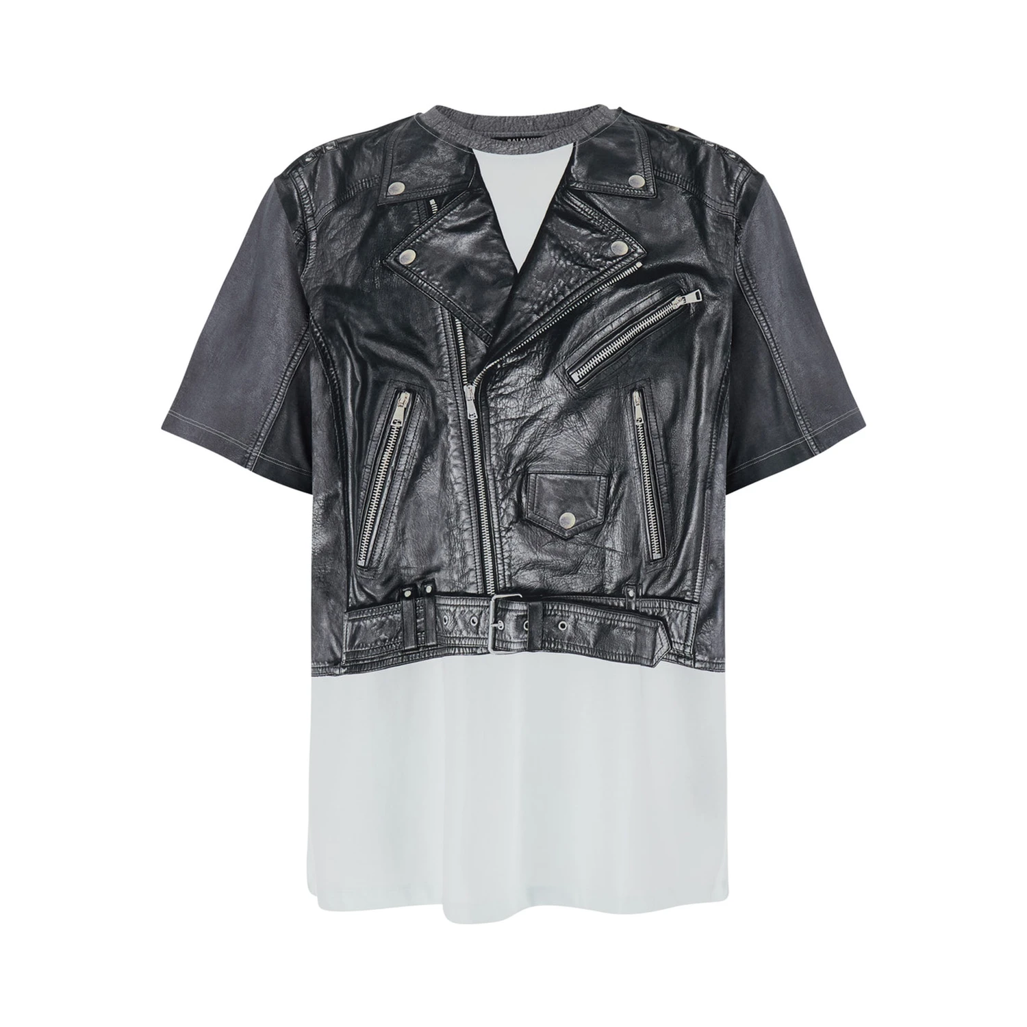 Black and White Crewneck T-Shirt with Layered Design in Cotton Man