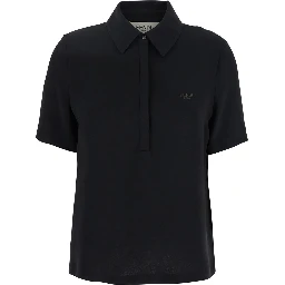 Black Polo Shirt with Classic Collar and Logo Lettering on the Front in Silk Woman