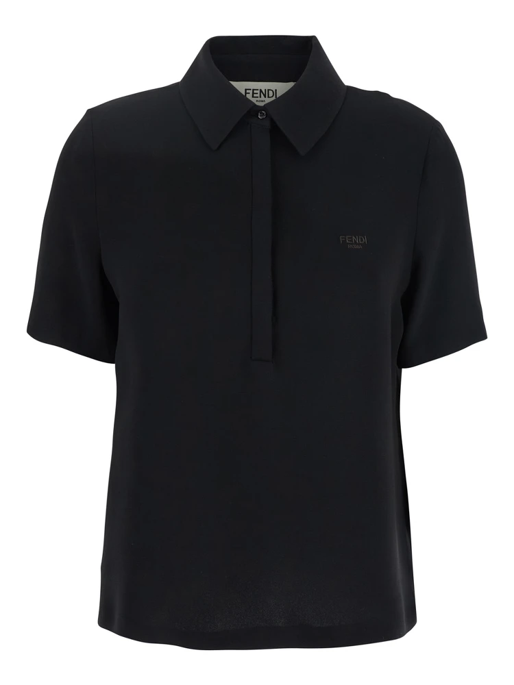 Black Polo Shirt with Classic Collar and Logo Lettering on the Front in Silk Woman