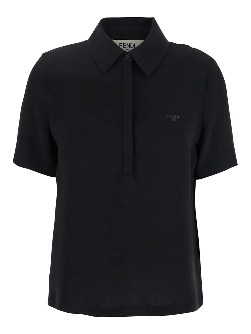 Black Polo Shirt with Classic Collar and Logo Lettering on the Front in Silk Woman