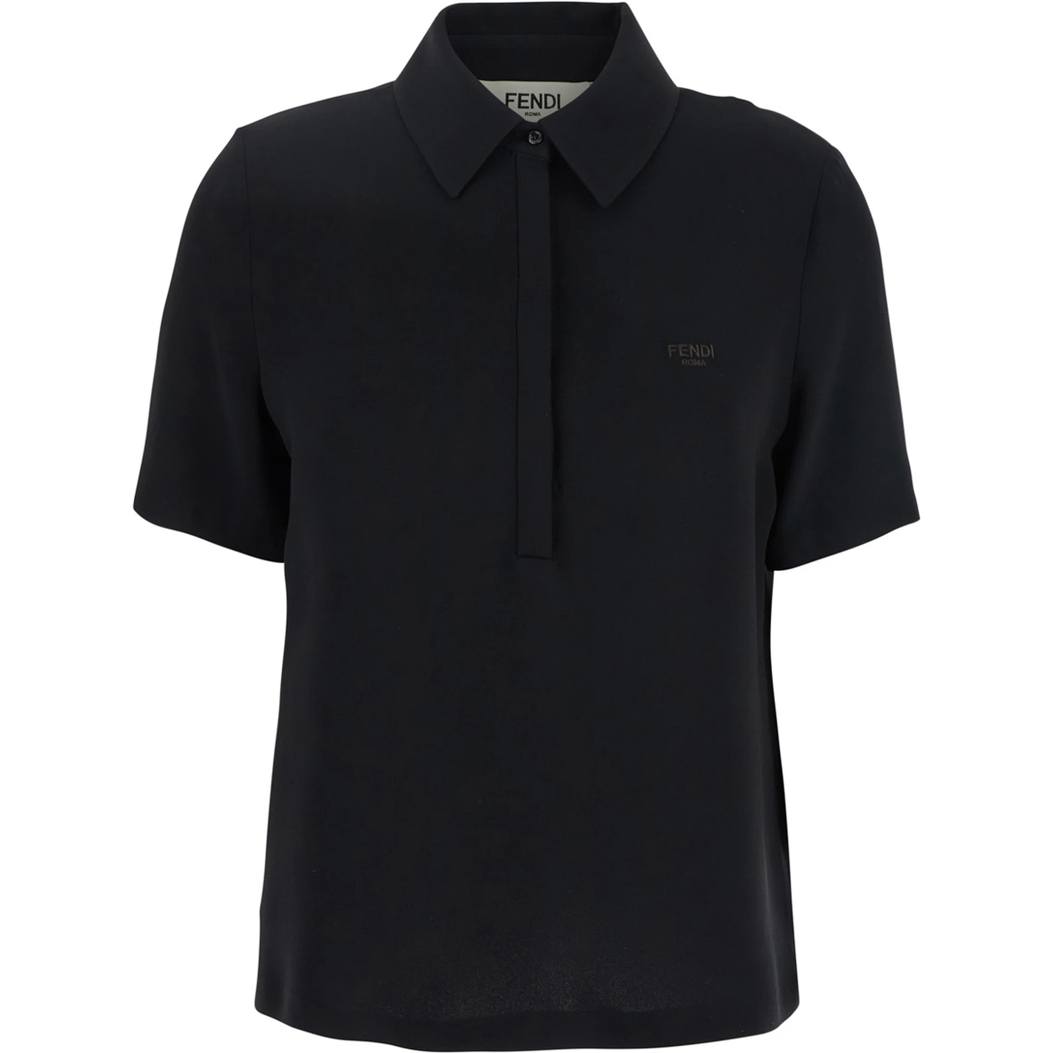 Black Polo Shirt with Classic Collar and Logo Lettering on the Front in Silk Woman