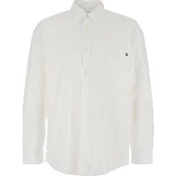 White Shirt with Patch Pocket on the Front and Embroidered Logo in Cotton Poplin Man