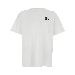 White Crewneck T-Shirt with Double G Logo Embroidery on the Front in Cotton Man