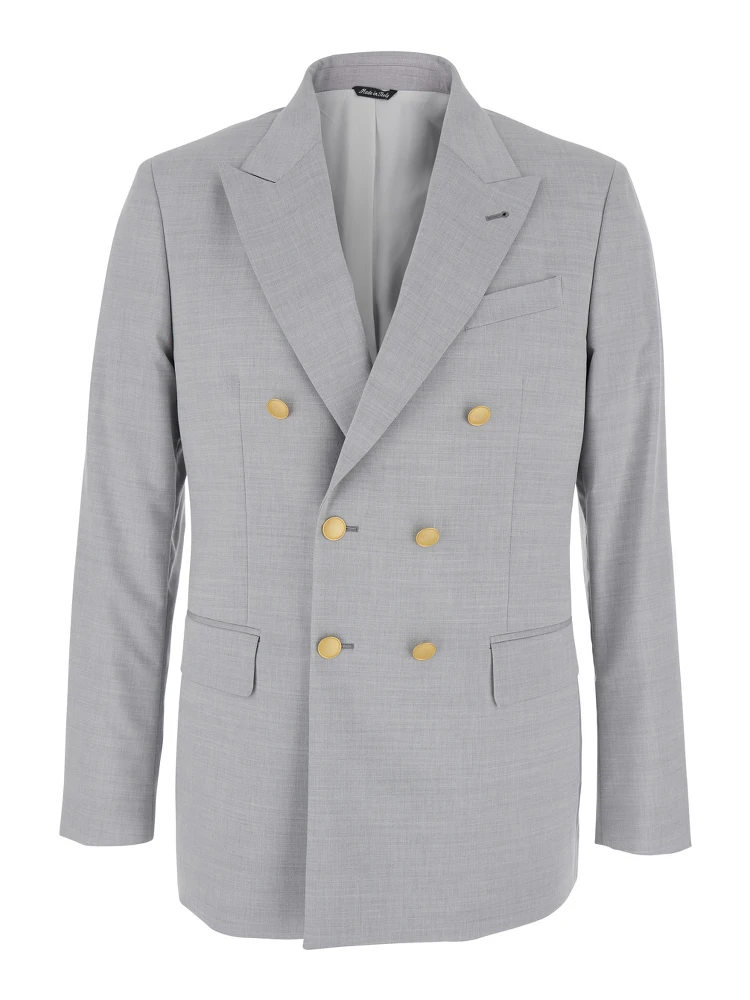 Grey Double Breasted Jacket with Peak Lapels in Virgin Wool and Cotton Blend Woman