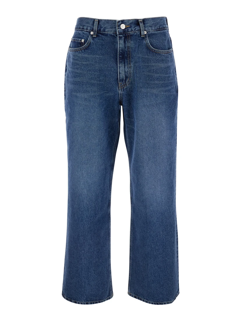 Blue Five Pocket Jeans with Logo Patch on the Back in Denim Man