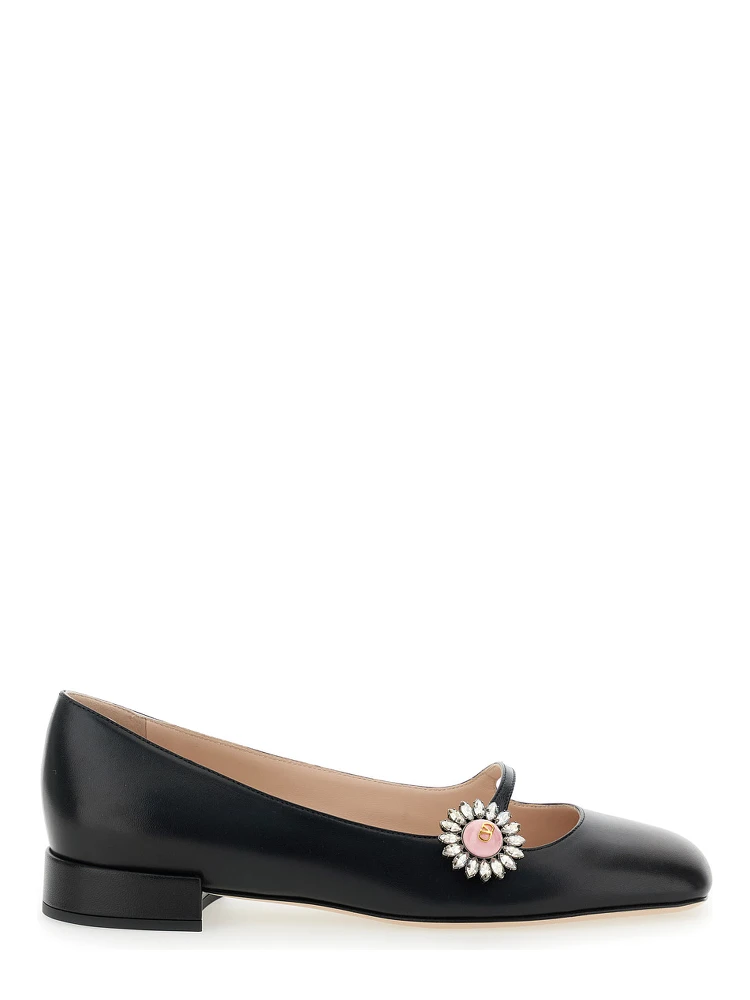 Black Ballet Shoes with Floral Detail with VLogo in Leather Woman