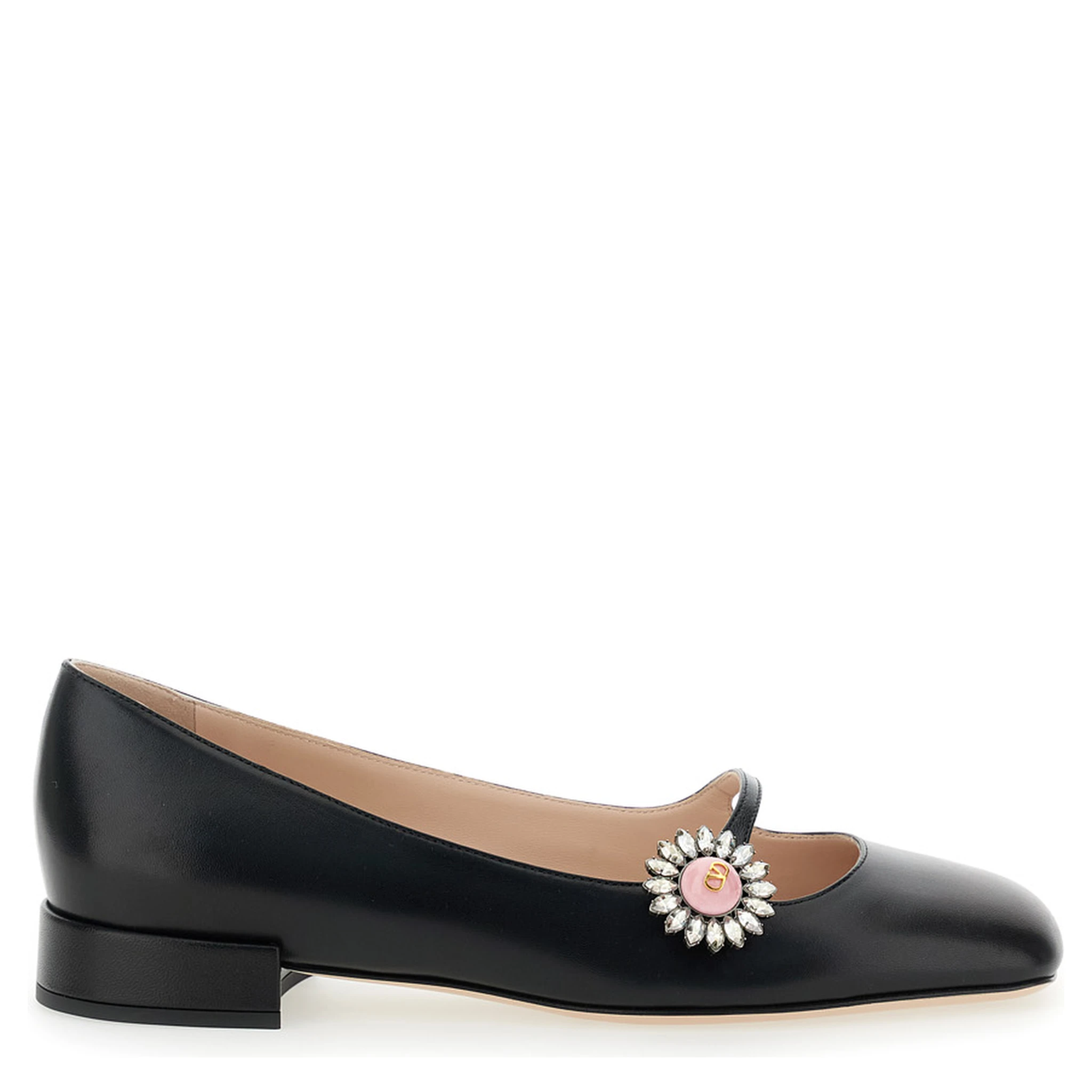 Black Ballet Shoes with Floral Detail with VLogo in Leather Woman