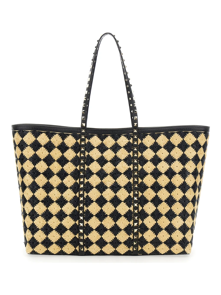 Beige Shopper with All-Over Diamond Pattern and Applied Rockstud Studs in Synthetic Raffia Woman